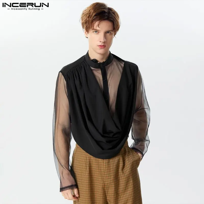 2024 Men\'s Irregular Shirt Mesh Patchwork Stand Collar Streetwear Long Sleeve Camisas Transparent Fashion Men Clothing INCERUN