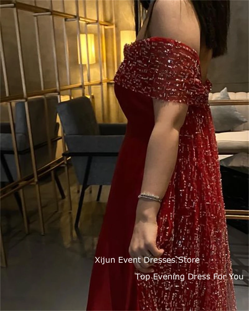 Xijun-vestido de noche rojo con lentejuelas y cuello de barco para mujer, traje de fiesta largo Formal de satén con cola de barrido, vestidos de fiesta de Arbia saudita para ocasiones