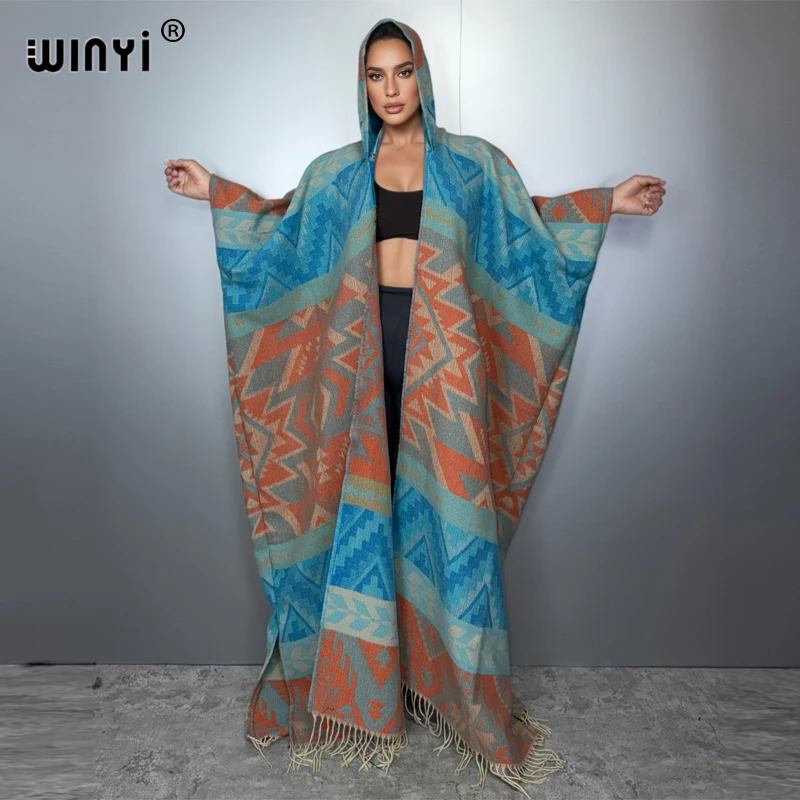 

WINYI African boho hooded winter cardigan woman abaya dubai luxury dress kaftan outfits for women coat Kimono long down poncho