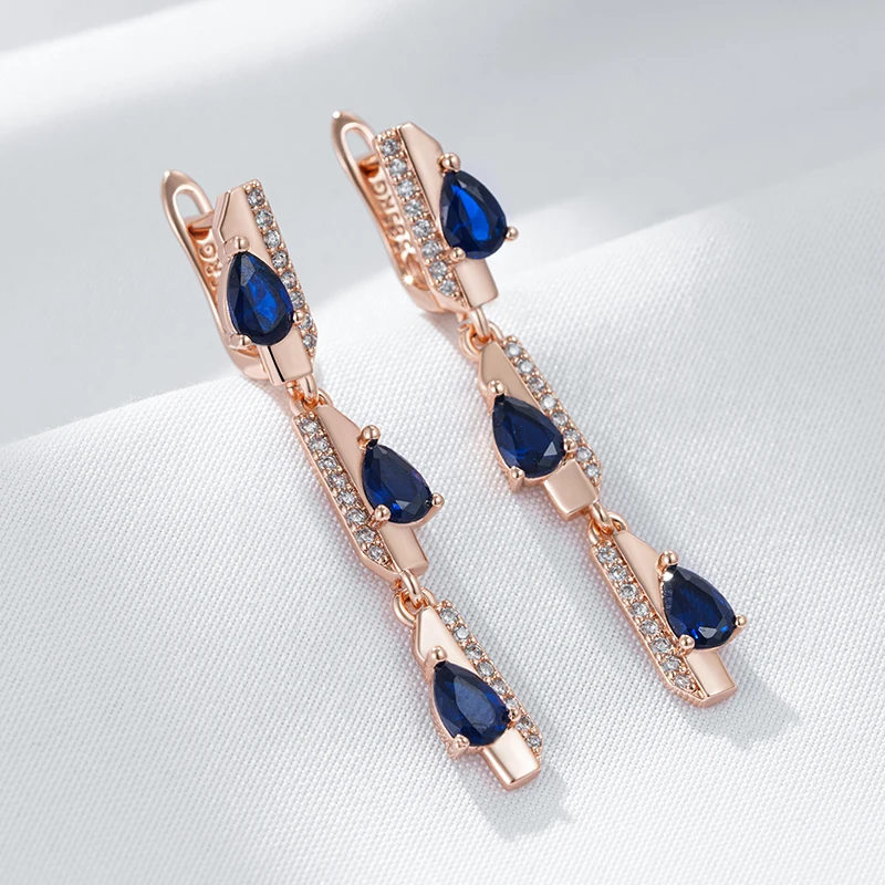 Kinel Full Blue Natural Zircon Geometry Long Dangle Earrings For Women Fashion 585 Rose Gold Color High Quality Daily Jewelry