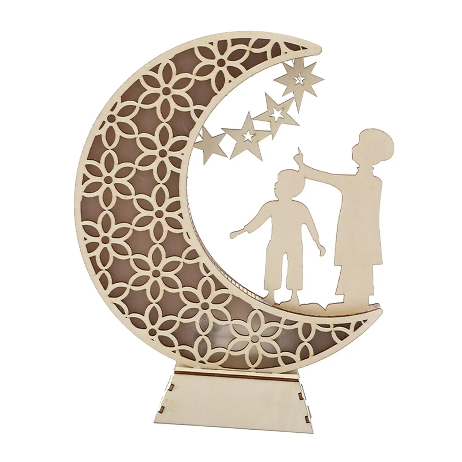 Wood Statue Ramadan Moon Night Light Eid Sign Eid Mubarak Tabletop Decoration for Living Room
