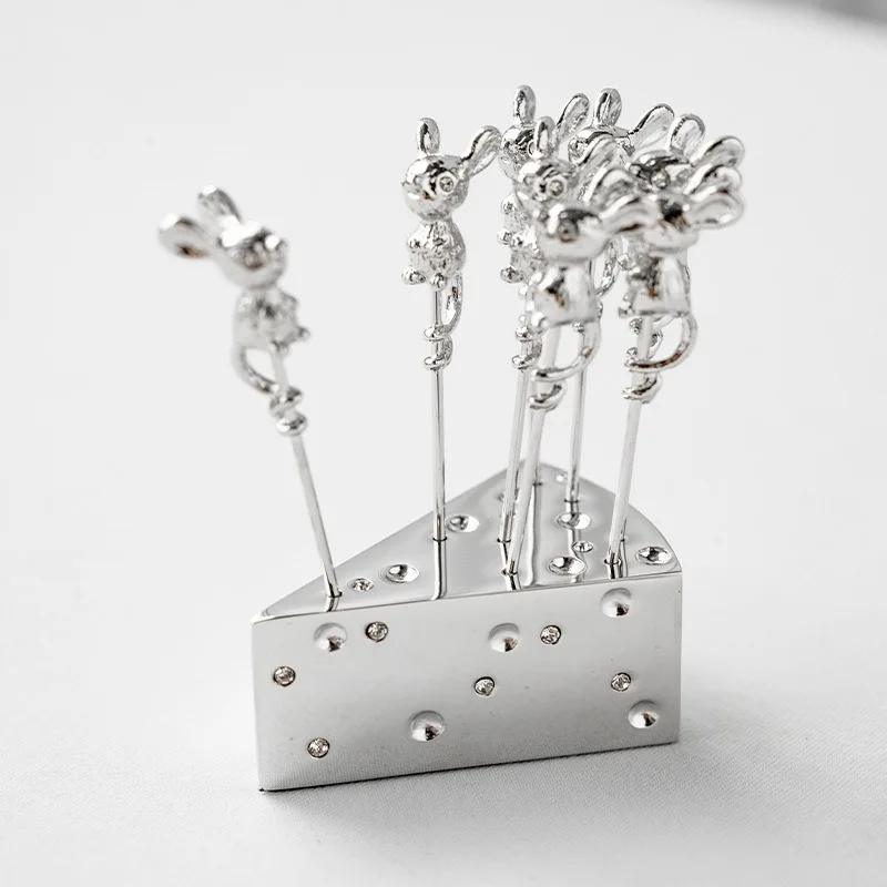 Stainless Steel Fruit Fork Set Mouse Cheese Shaped Fruit Holder Creative Design Home Kitchen Tableware Forks Snack Utensils