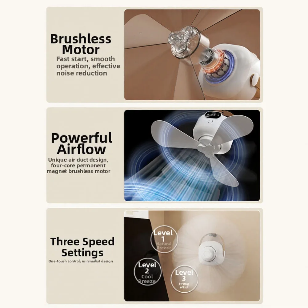USB Rechargeable Portable Ceiling Fan with Remote for Camping RV Tent Applications 5V 2A Charging 3 Speed Settings Ambient Light