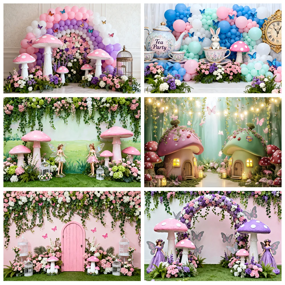 

Dreamy Jungle Forest Photography Backdrop Wonderland Fairy Tale Flowers Arch Wall Mushroom Genie Girls Portrait Photo Background
