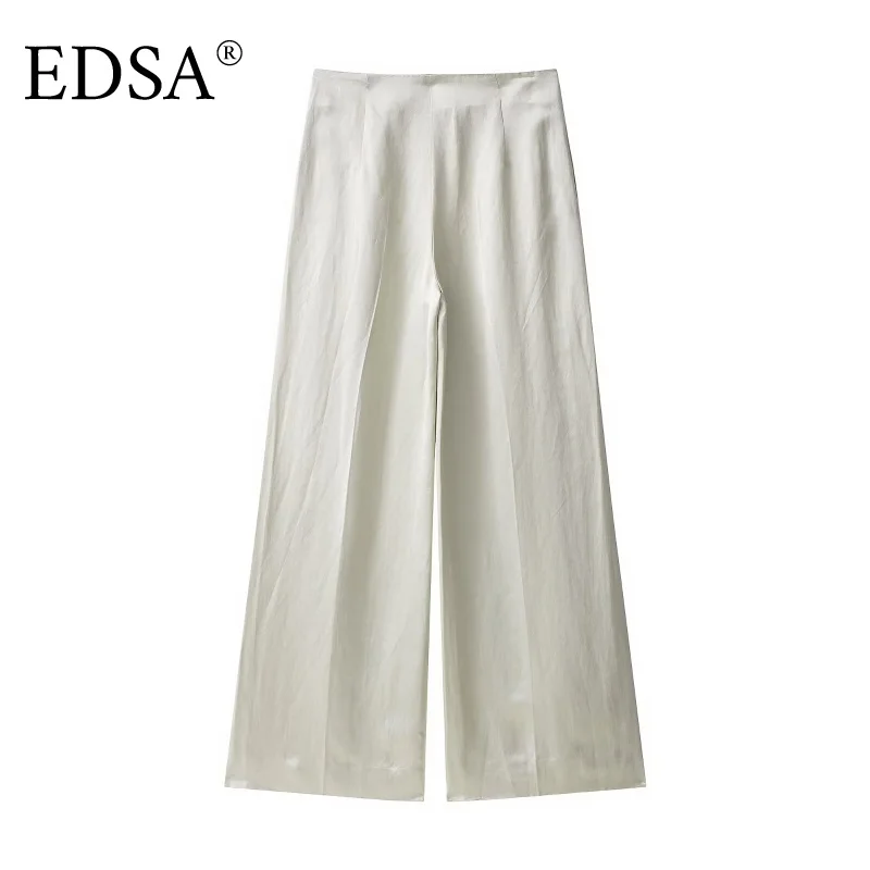 EDSA dames satijnen broek met darts wijde pijpen halfhoge rechte lange broek voor kantoordame