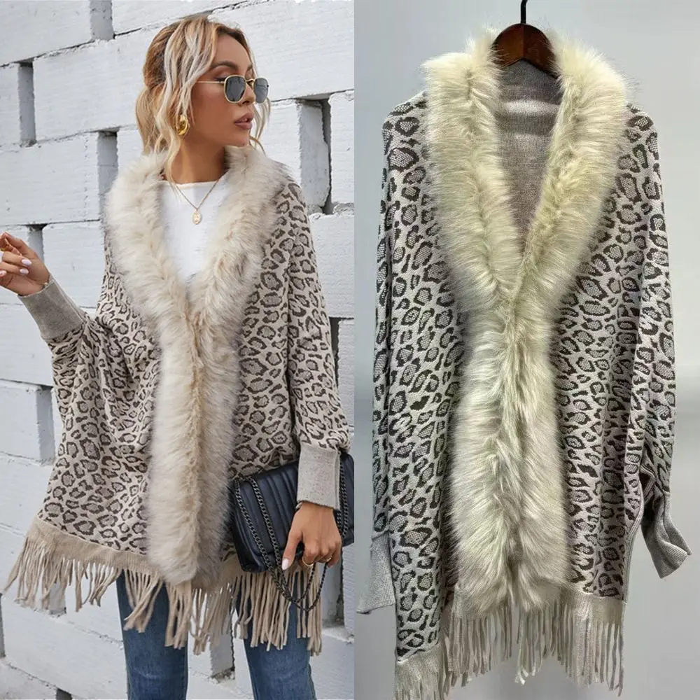 

Winter Warm Faux Fur Collar Shawl Ethnic Style Leopard Print Mongolian Poncho Striped Cardigan Tassel Shawl For Autumn Winter