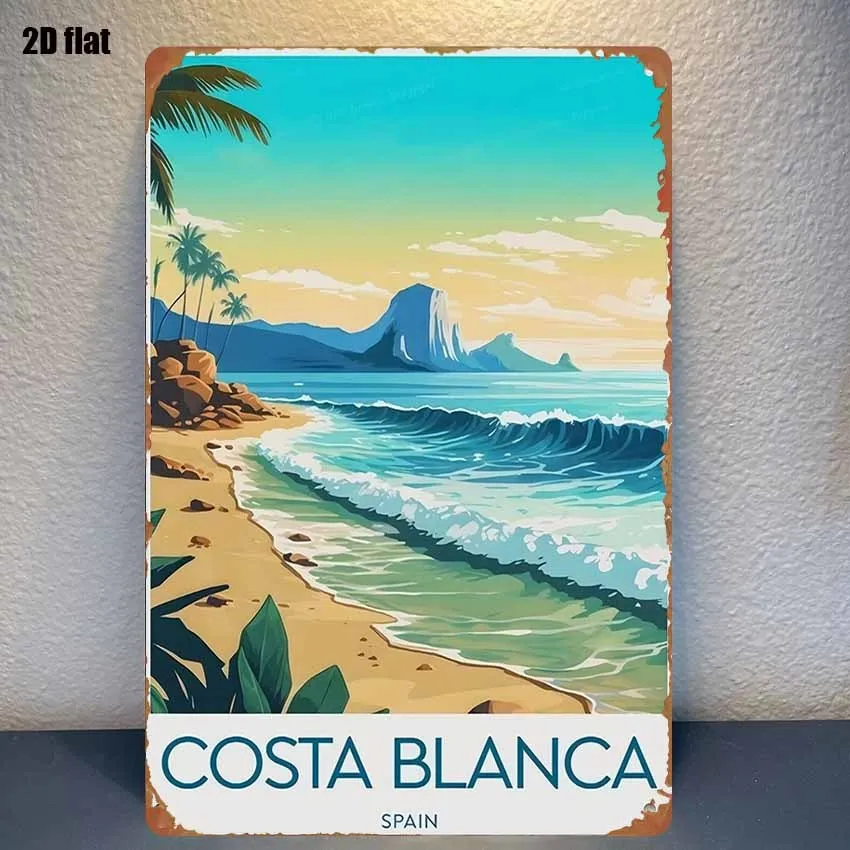 Tin Sign, Spanish Costa Blanca Beach Tin Painting Decorative Sign Suitable for Bedroom, Bar, Garage, And Garden, Outdoor Decor