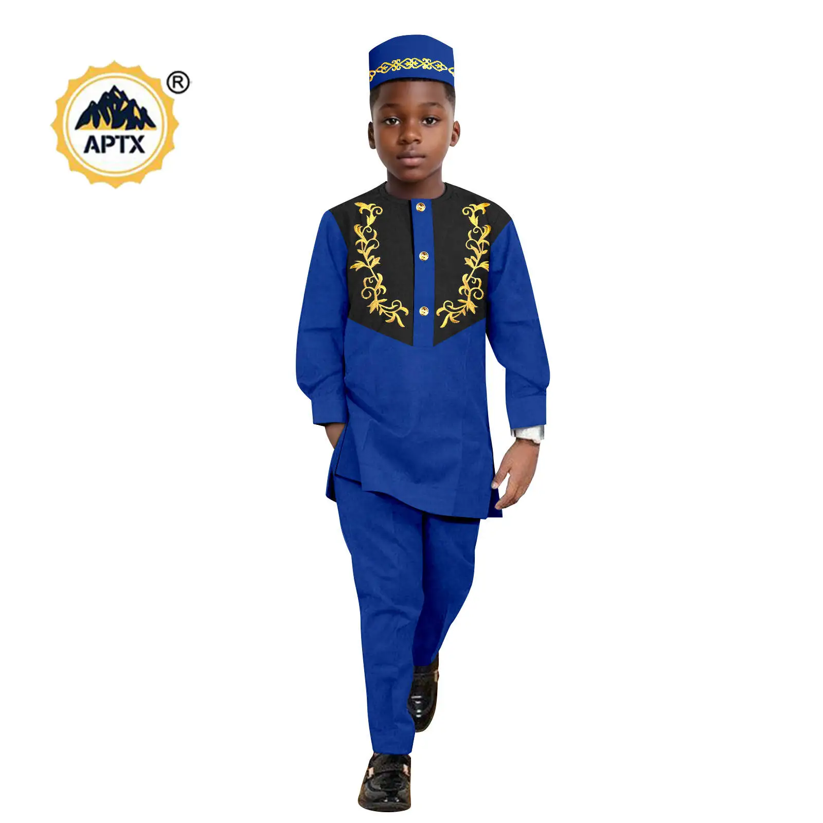 African Clothes for Boy Dashiki Children Appliques Top Shirt and Pant Sets match Hat Cap Bazin Riche Kid Muslim Outfits 2446042