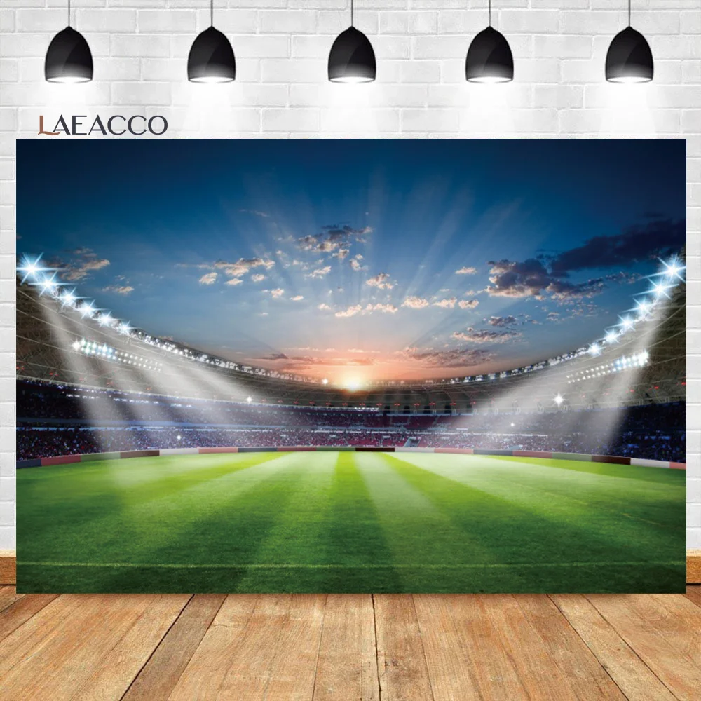 Laeacco Football Stadium Backdrop Green Grass Field Spotlight Sports Game Kids Birthday Party Portrait Photography Background