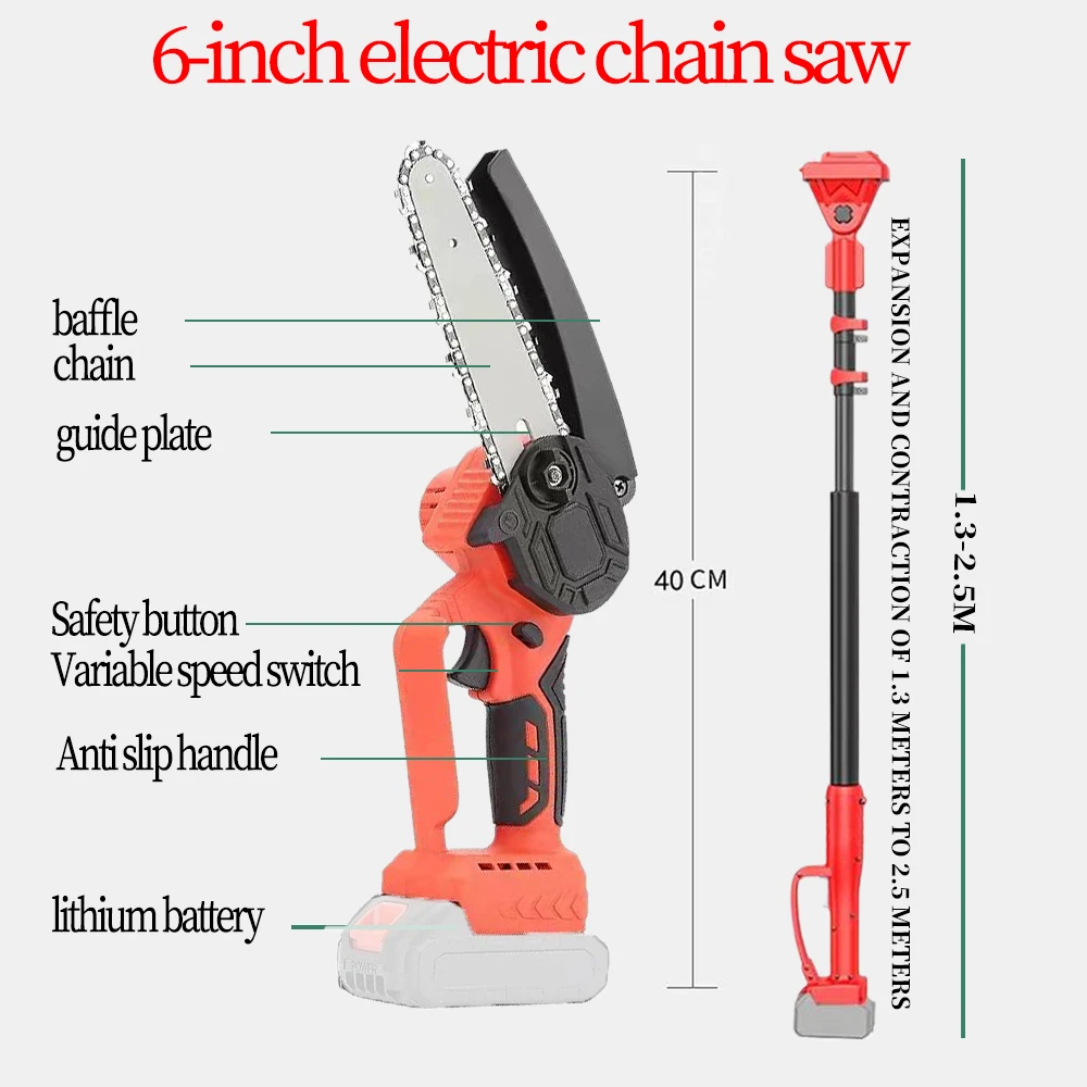 Cordless electric pruning scissors, electric high branch saw with 2.5-meter extension rod and telescopic rod, cutting 30mm (1.18