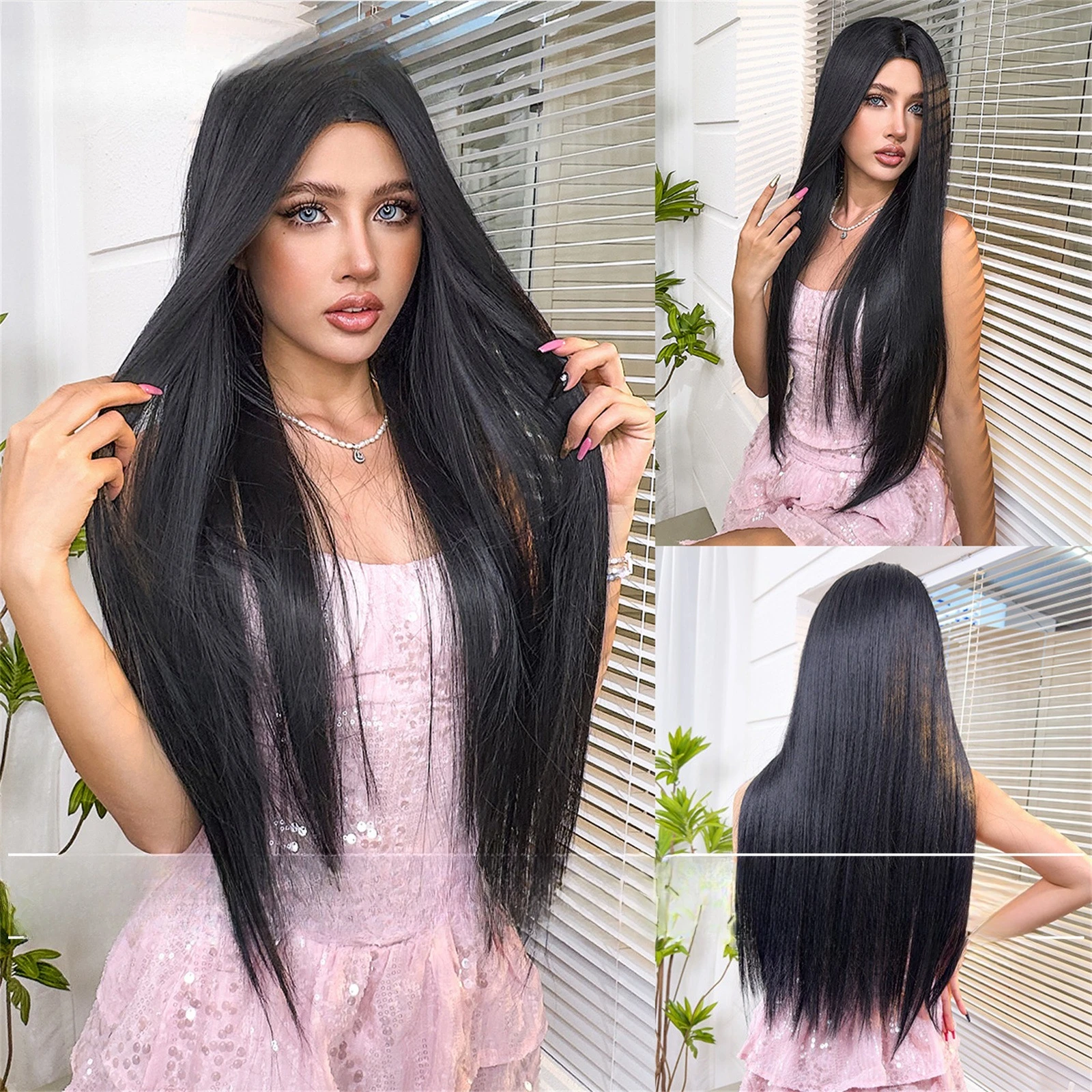 

Medium wig Female long hair Black long straight hair Atmosphere No bangs Natural fluffy age reducing Full hood