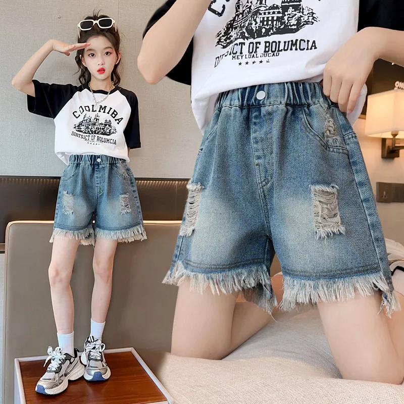 Girls Shorts Summer Teenager Versatile Denim Pants Children Outdoor Short Jeans 2026 New Kids Casual Clothing 5-14Years Old