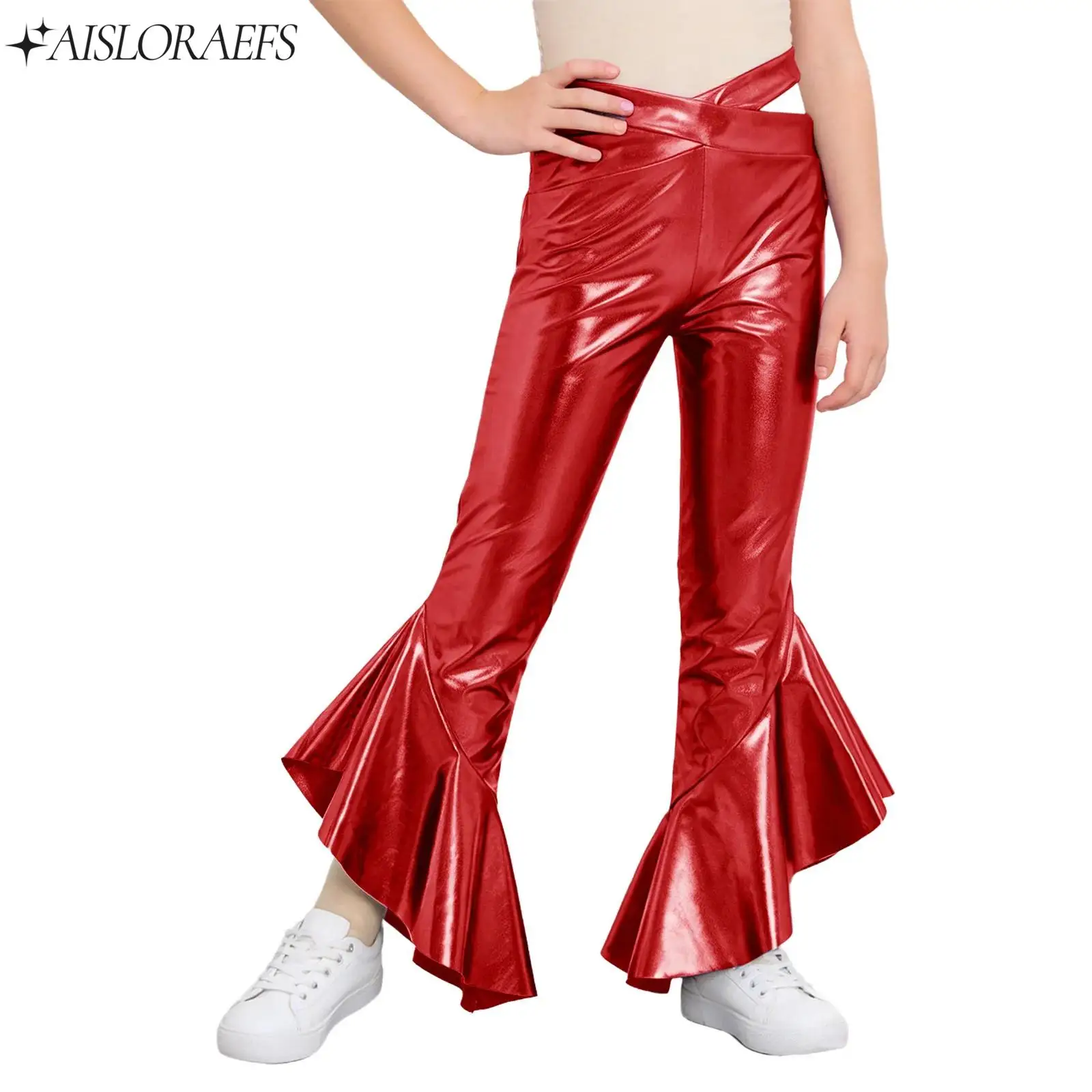 

Children Girls Metallic Flared Disco Dance Pants Bell-Bottom Trousers Dancewear for Club Carnival Theme Party Stage Performance