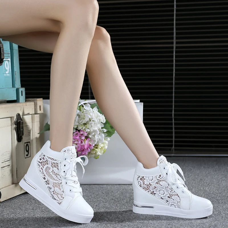 Summer New Ladies Lace Casual Shoes Ladies Breathable Mesh Sports Flats Lace Loafers High Heels Platform Wedge Ladies Shoes