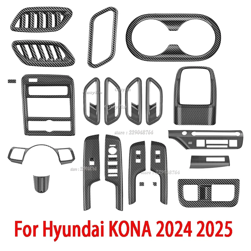 For Hyundai KONA 2024 2025 ABS Carbon Fiber Interior Accessories Window Button Switch Gear Panel Front Rear Air Vent Cover Trim