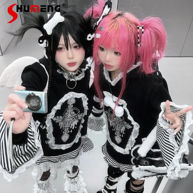 

Новая теплая толстовка в стиле Y2K с мультяшным принтом и ушками, на молнии, с кружевом, с длинными рукавами, свободного кроя, для девушек, в японском субкультурном стиле