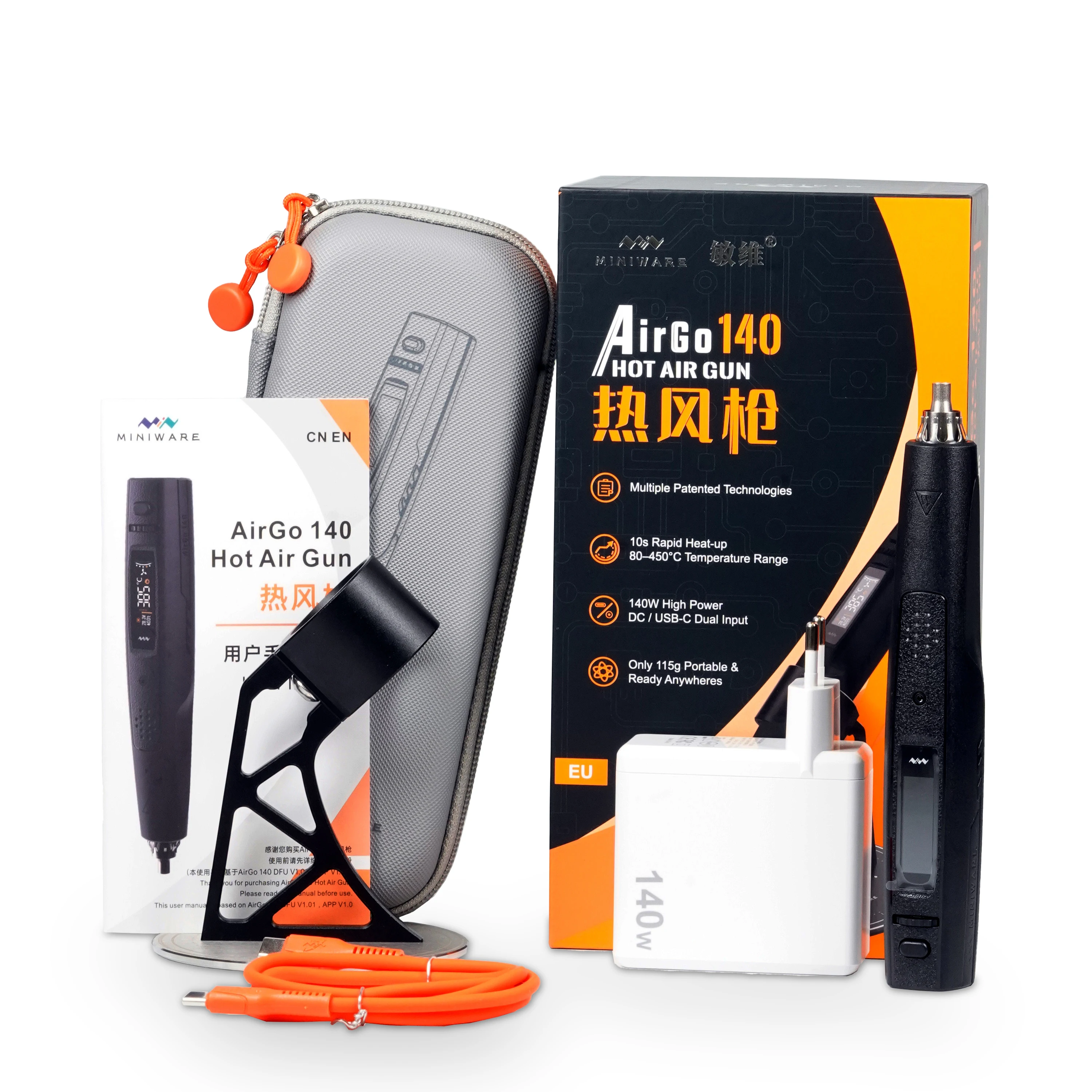 MINIWARE AirGo 140 Portable Hot Air Gun 140W Electric Heat Gun with USB-C Compact 115g for Phone Repair BGA Desoldering