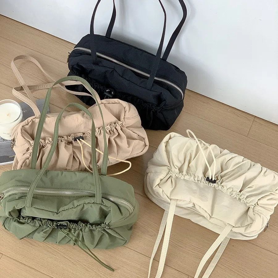 

Fashion Drawstring Pleated Women Shoulders Bag Y2k Sweet Girls Soft Light Nylon Crossbody Bag Causal Solid Color Handbags