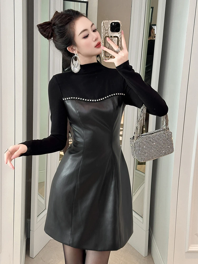 Women Clothes Vintage Black Faux Leather PU Long Sleeve Slim Mini Short A-Line Dress Elegant Fashion Evening Party Prom Vestidos