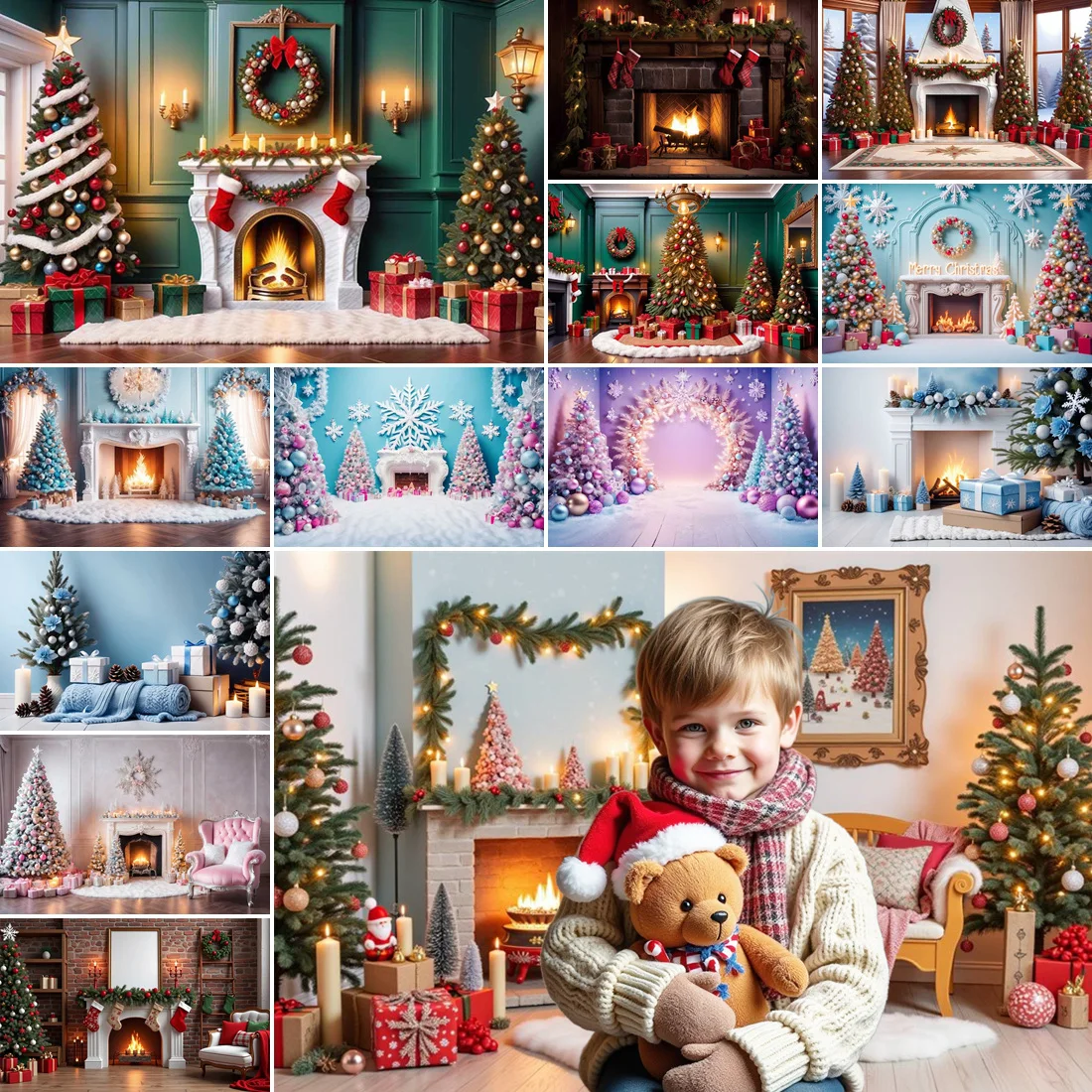 

MOON.QG Christmas Decorations Gifts Backgrounds For Photographs Baubles Pine Fireplace Backdrop Decoration Custom Photocall