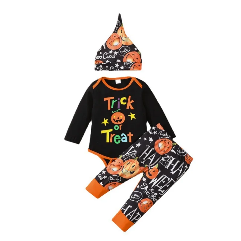 

Baby Toddler Halloween Boys And Girls Letter Pumpkin Print Long Sleeved Hoodie Leg Pants And Hat Set Clothing