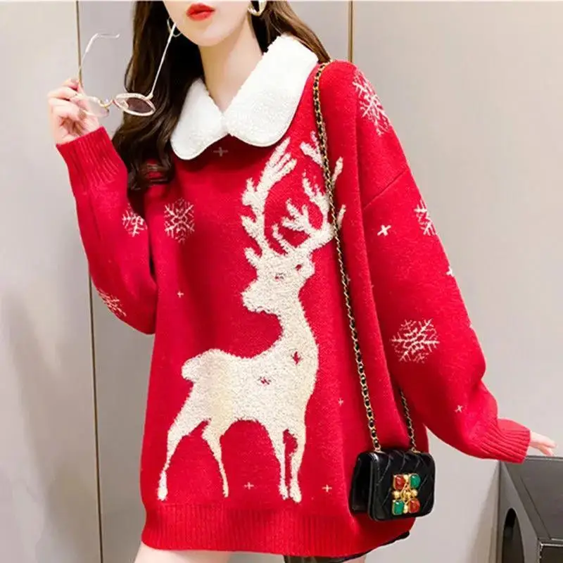 Christmas Cartoon Pullovers Women Clothes All-match Printing Turn-down Collar Long Sleeve Mid Length Top Autumn Winter Sweater