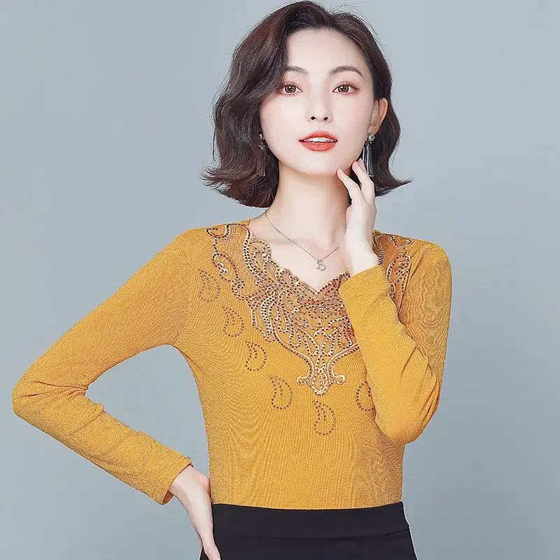 Female Autumn New Lace Shirts Long Sleeve Bottoming Ladies V-neck Patchwork Print Blouse Top Pullovers G890