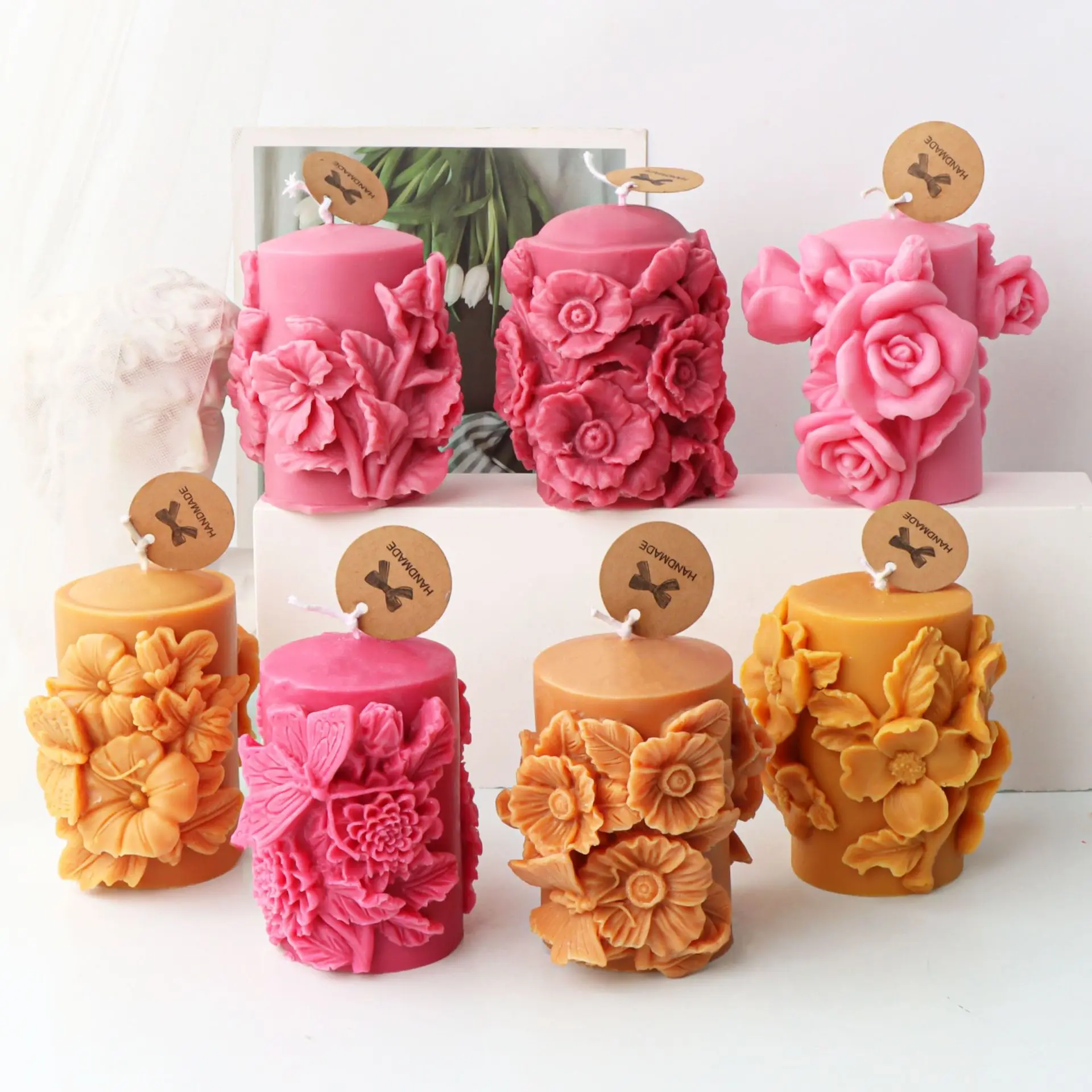 

Embossed Flower Column Candle Silicone Mold Gypsum form Carving Art Aromatherapy Plaster Home Decoration Mold Gift Handmade