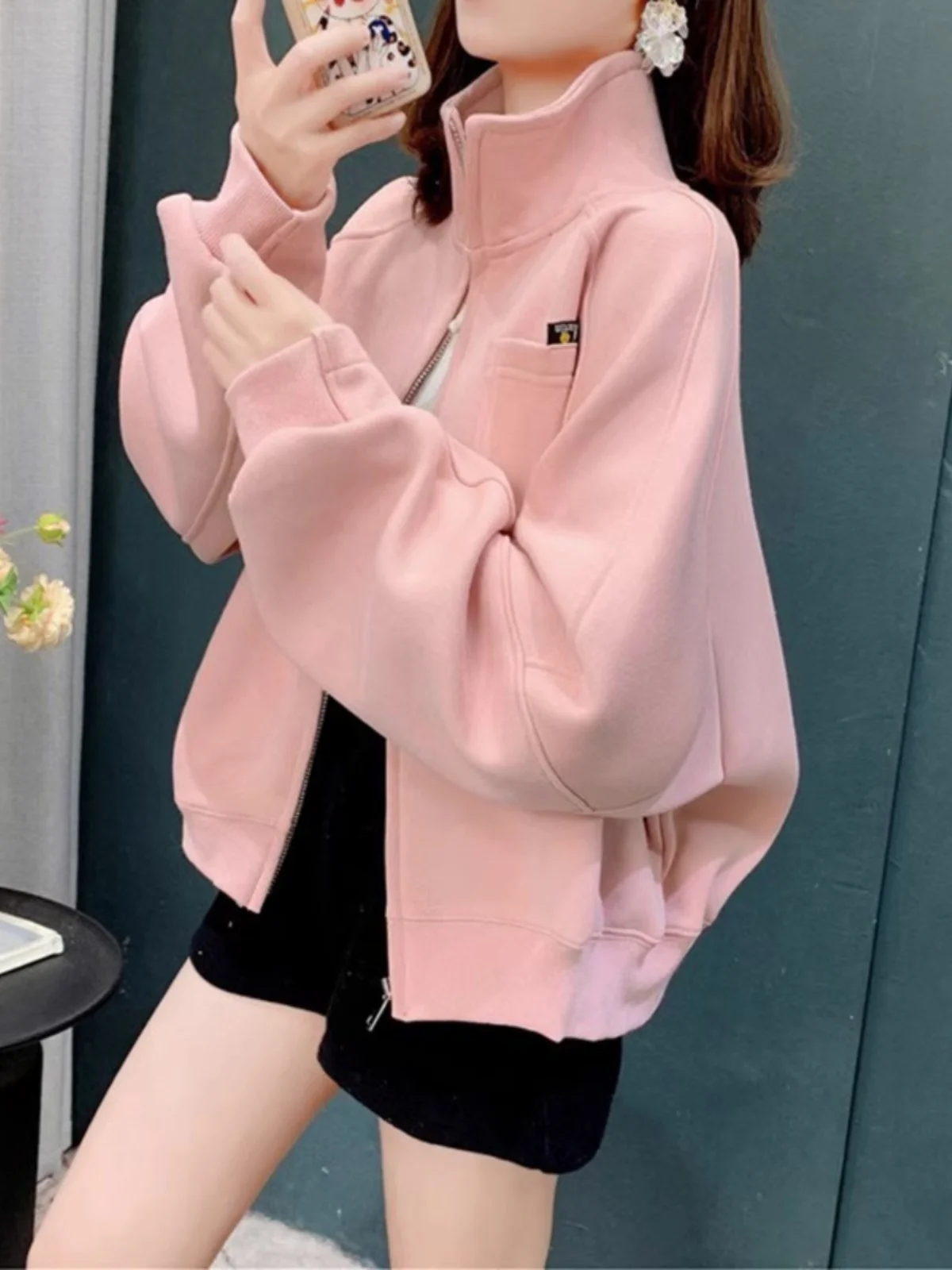 

Spring Autumn Loose Women's Hoodie Cardigan Stand Collar Splice Jacket Anti-Aging Trendy Korean Style Long Sleeve Cotton Blend