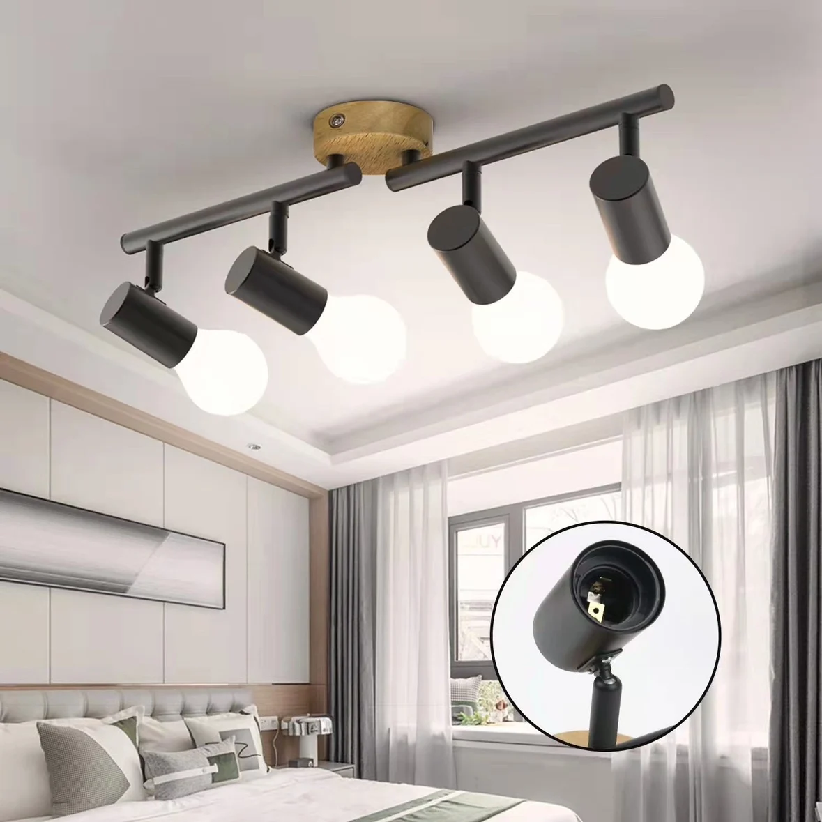 Track Light Bedroom Living Room Light E27 Adjustable Angle Multi-Head Spotlight Ceiling Spotlight Elm Retro Lamp Led Lighting