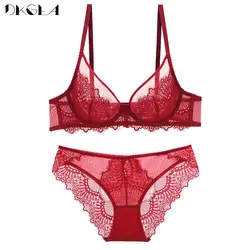 Sexy Bra Panties Set Lace Lingerie Transparent Ultrathin Brassiere Burgundy Embroidery B C D Cup Bras Brand Women Underwear Sets