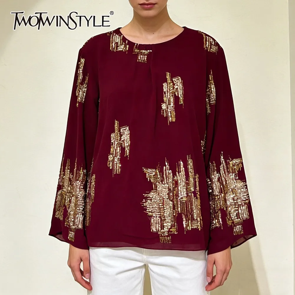 

TWOTWINSTYLE Solid Spliced Sequins T Shirt Female O Neck Long Sleeve Loose Vintage Streetwear Women's T Shirts Autumn Fashion