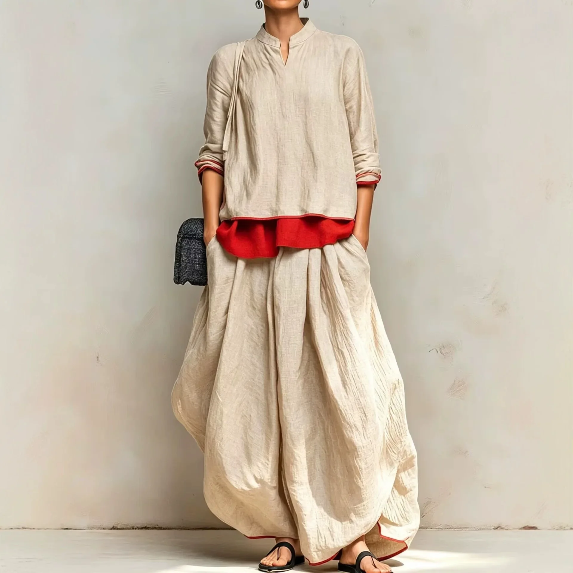 2027 Women Linen 2 Piece Set Stand Collar Long Sleeve Top Wide Leg Maxi Pants Loose Casual Vintage Outfit With Red Trim