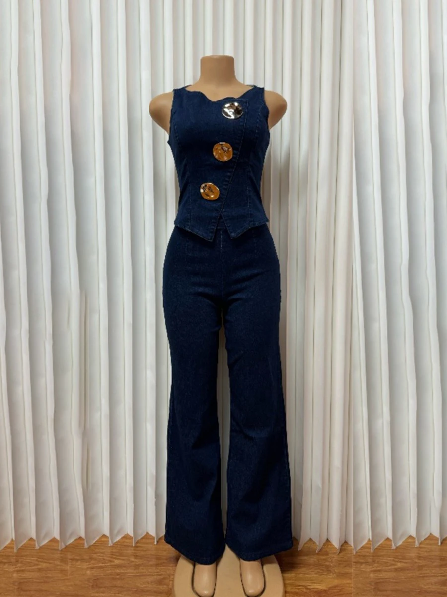 ZIMLsolid conjuntos de dos piezas para mujer, cuello redondo, sin mangas, túnica con botones empalmados, tops, pantalones largos de cintura alta, conjunto elegante a la moda femenina
