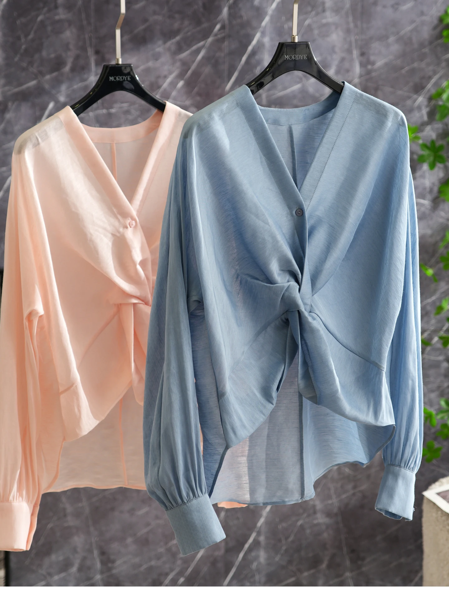 

Elegant Drapey Linen Silk Long Sleeve V-Neck Asymmetrical Hemline Sun Protection Shirt Women's Original Design Straight Cut