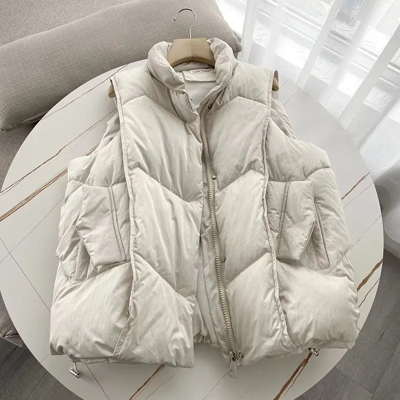 เสื้อกั๊กคอตั้งทรงหลวมสไตล์ลำลอง รุ่น ALPH736 ไซส์ใหญ่ แฟชั่นผู้หญิง สำหรับฤดูใบไม้ร่วงและฤดูหนาว ปิดด้วยซิป สีพื้น