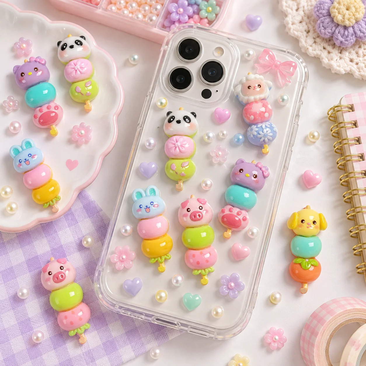 Wholesale Cute Animal Dango Skewer Resin Charms for DIY Phone Cases Hair Clips and Craft Decoration