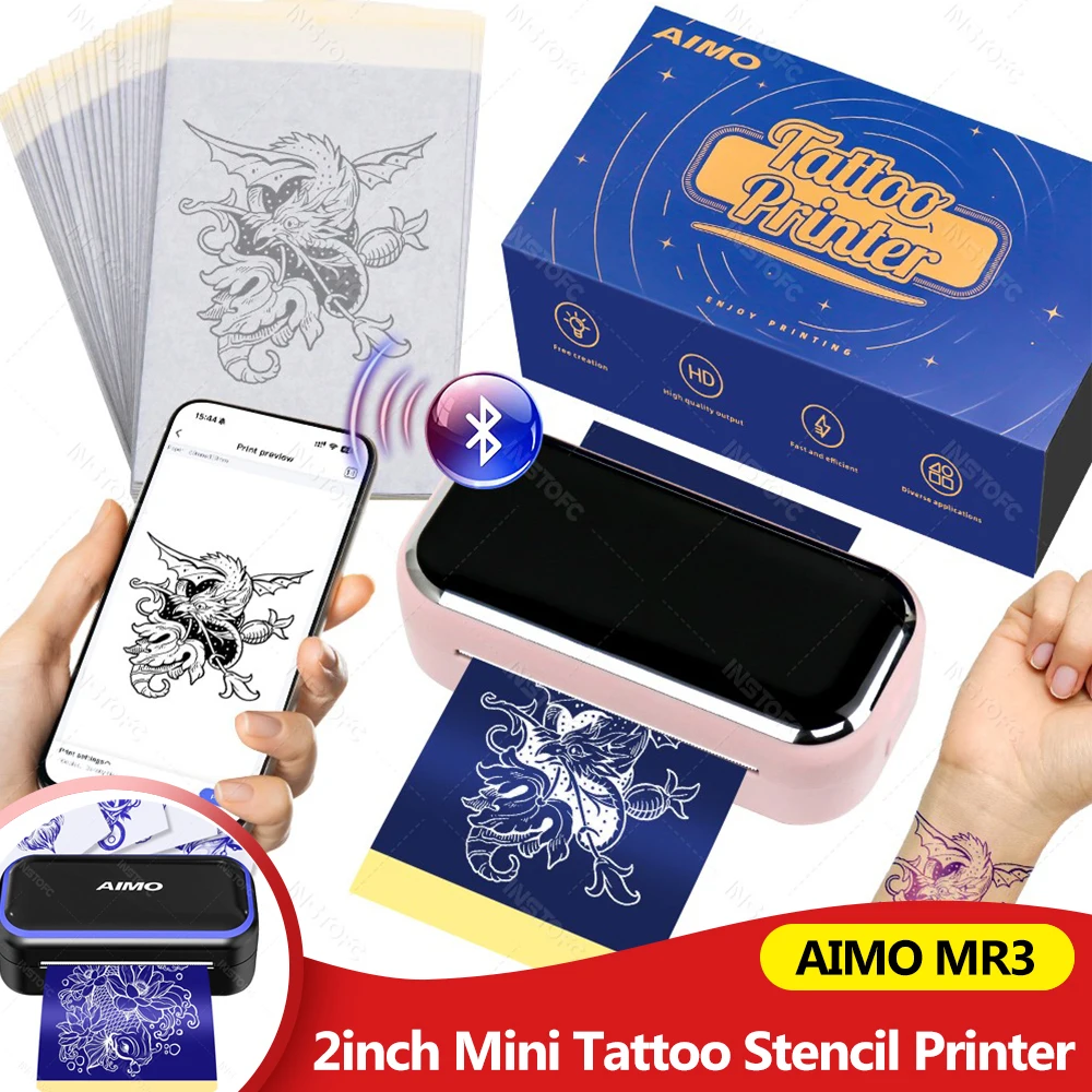 Mini Tattoo Stencil Printer AIMO MR3 80mm Wireless Thermal Tattoo Maker & 3inch Transfer Paper Focus on Small Tattoo Pattern