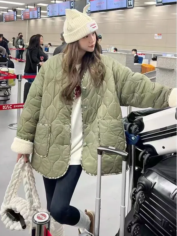 

Повседневная свободная двусторонняя одежда из меха ягненка, хлопковая куртка, женская осенне-зимняя верхняя одежда для похудения с ромбовидным узором