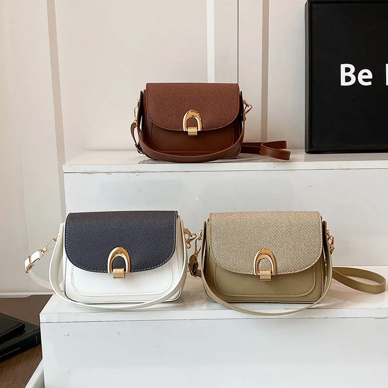 

2025 New Colorblock Underarm Bag Women Large Capacity Vintage Square Saddle Shoulder Crossbody Purse