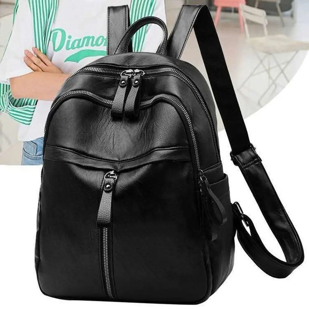 

Multifunctional Black PU Leather Backpack Korean Style Commuting Travel Backpack Large Capacity Outdoor Shoulder Bag Outdoor