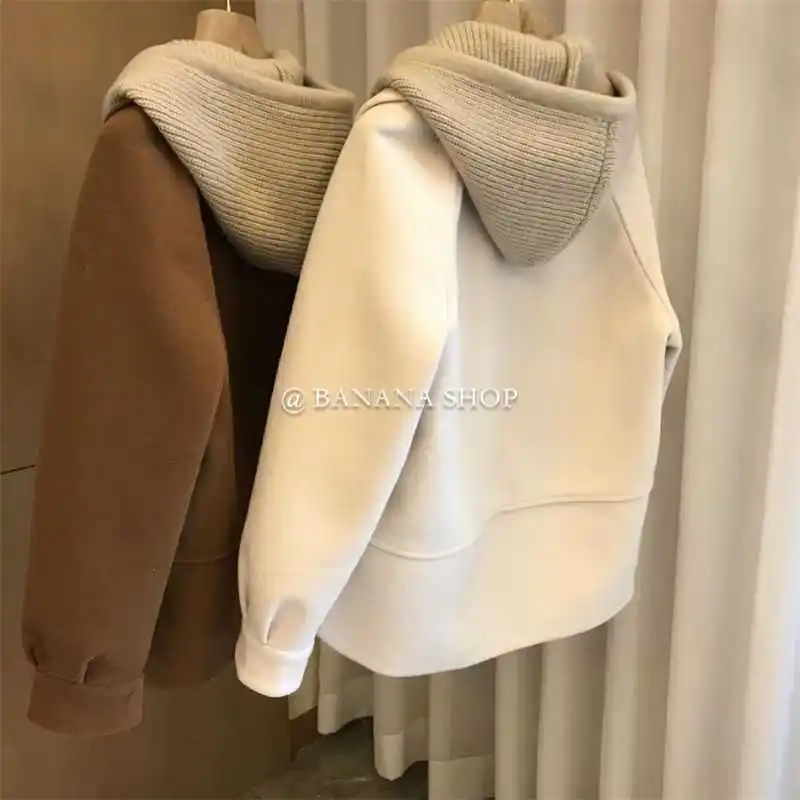 Biyaby Korean Hooded Thickened Warm Coats Woman Plush Kawaii Loose Single Breasted Jacket Solid Color Lamb Wool Cotton Parkas