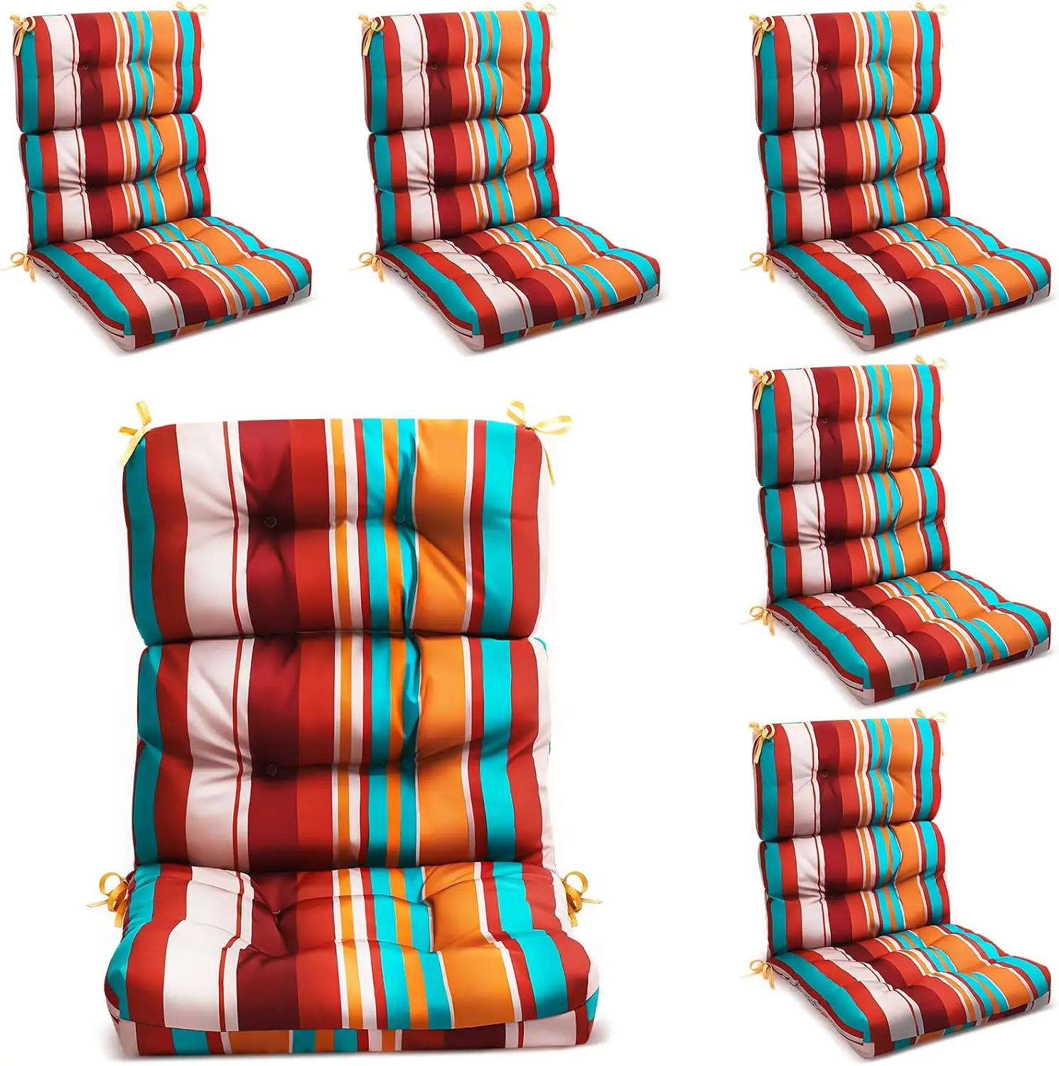 Colorful Strip 6 Pack High Back Patio Chair Cushions Waterproof 3.9 In Thick One-Piece Rocker Cushion Set with Ties Elastic Strap Outdoor