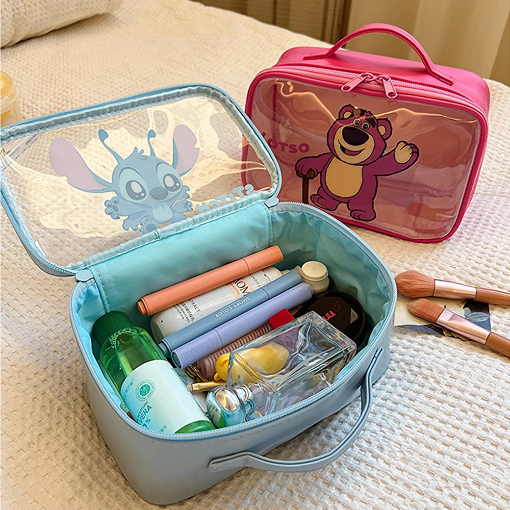 Disney Anime Cartoon Stitch Lotso PU borsa per il trucco borsa per la conservazione borsa per cosmetici trasparente di grande capacità portatile