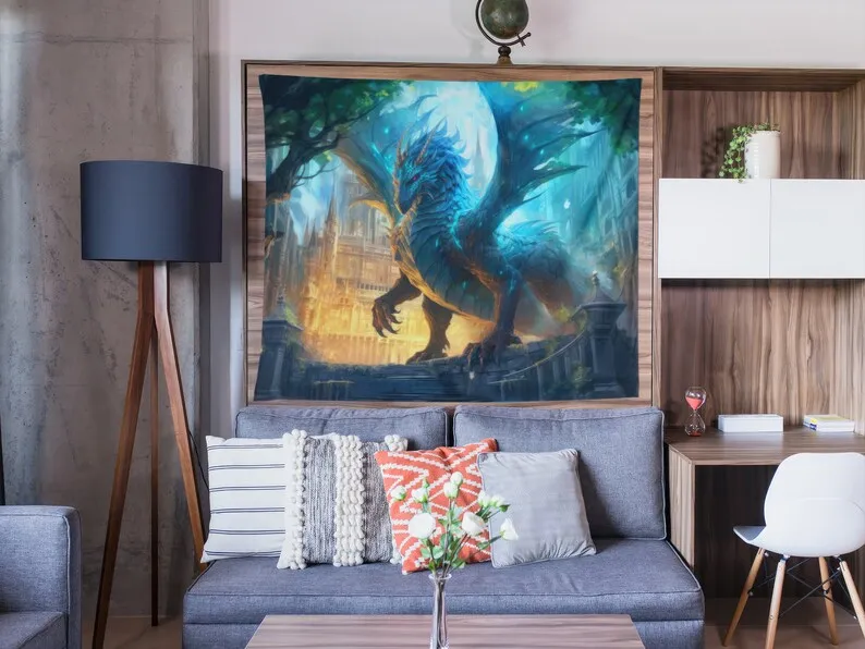 Fantasy Dragon Tapestry Wall Art Mythical Creature Decor Castle Scene Home Decoration Living Room Bedroom Gaming Room