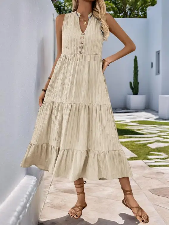 

2025 Summer New Solid Color V-Neck Texture Dress for Leisure Vacation