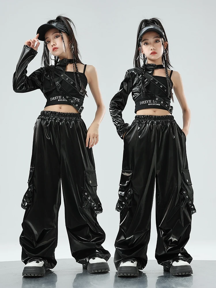 Modern Hip Hop Dance Clothes Girls Kids Jazz Performance Costume Black Leather Sleeves Tops Pants Kpop Concert Outfits BL13434