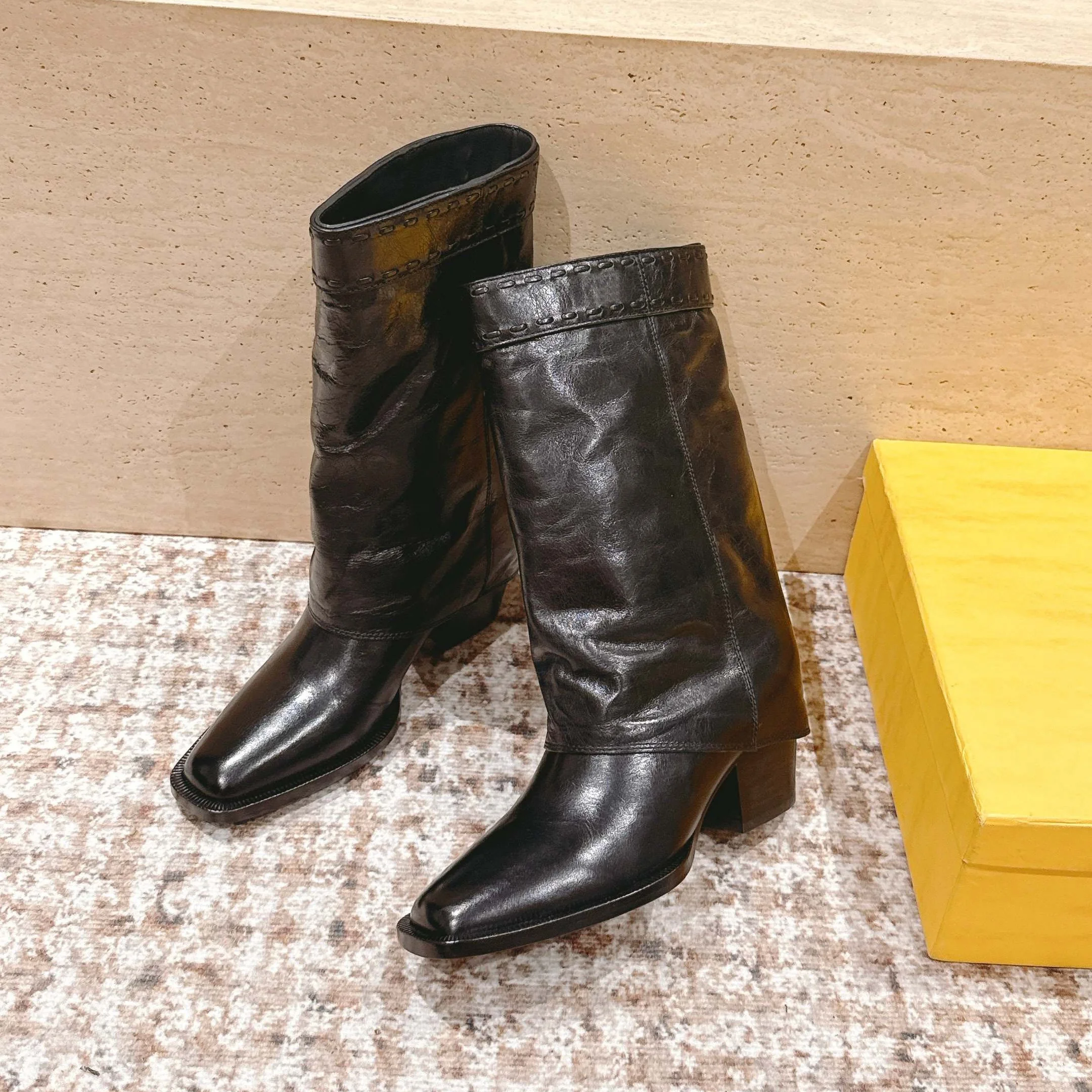 

Hot Sale Luxe-Design women's mid-calf boots Genuine Leather Square Toe 5-8cm Chunky Heels Winter Ladies calfskin Boots 35-41