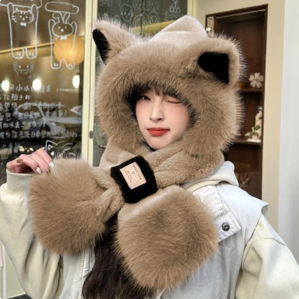 Cute Cartoon Winter Plush Hat 2 IN 1 Anti-cold Animal Ear Scarf Hat Warmer Windproof Ear Protection Cap Cycling