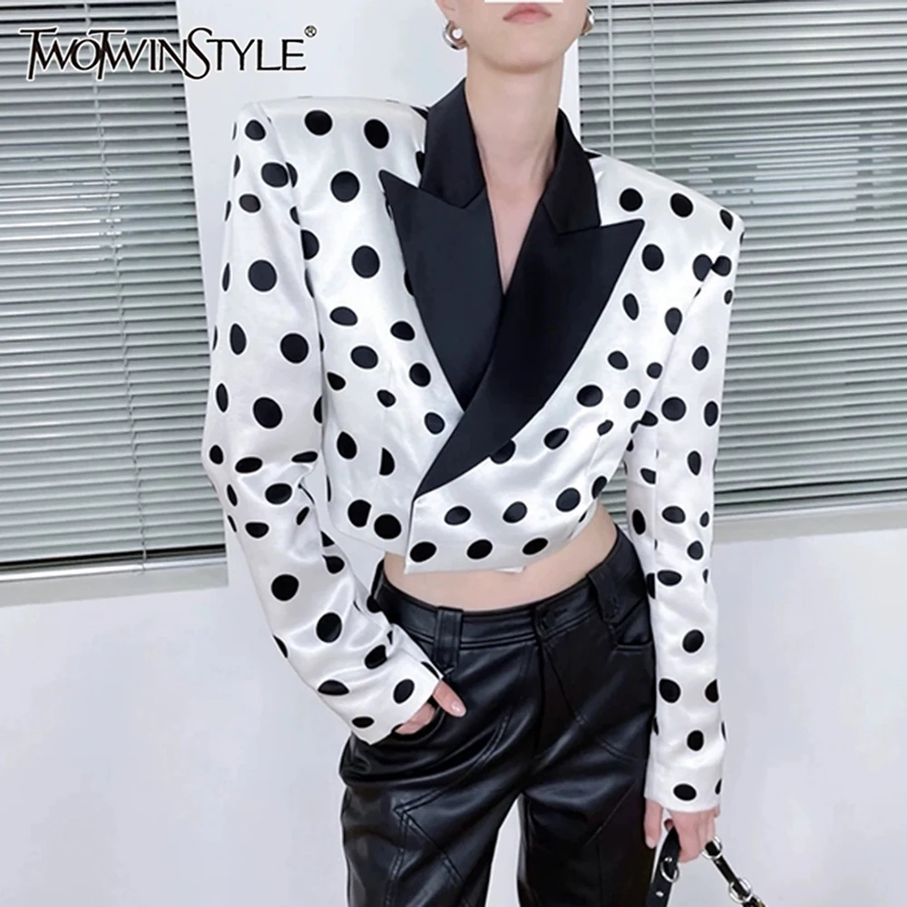 TWOTWINSTYLE Colorblock Dot Printing Short Blazer For Women Notched Collar Long Sleeve Casual Coats Female Fashion Clothes New